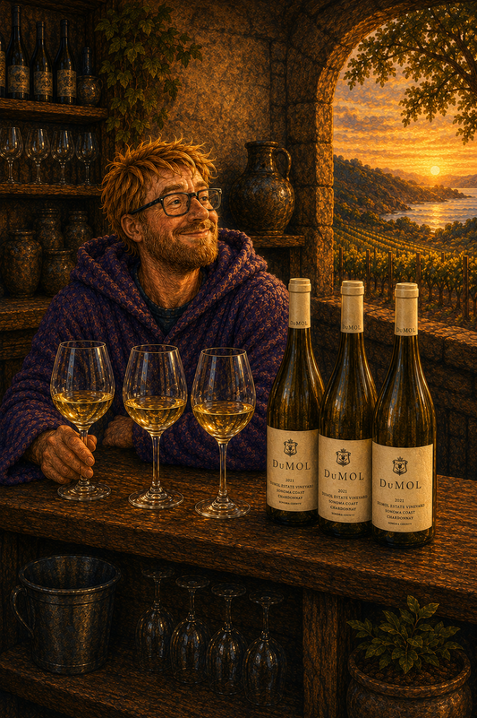 A collector with three glasses of golden Chardonnay and three DuMOL Estate Vineyard bottles, a Sonoma Coast vineyard glowing at sunset through the window