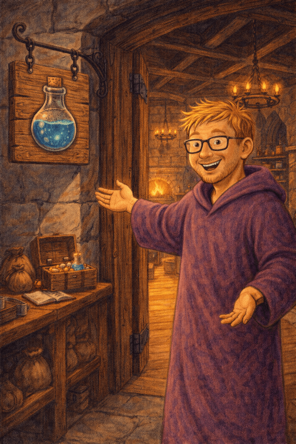 Illustration of a person in a purple robe standing in a cozy, dimly lit room with wooden furniture and a potion sign.