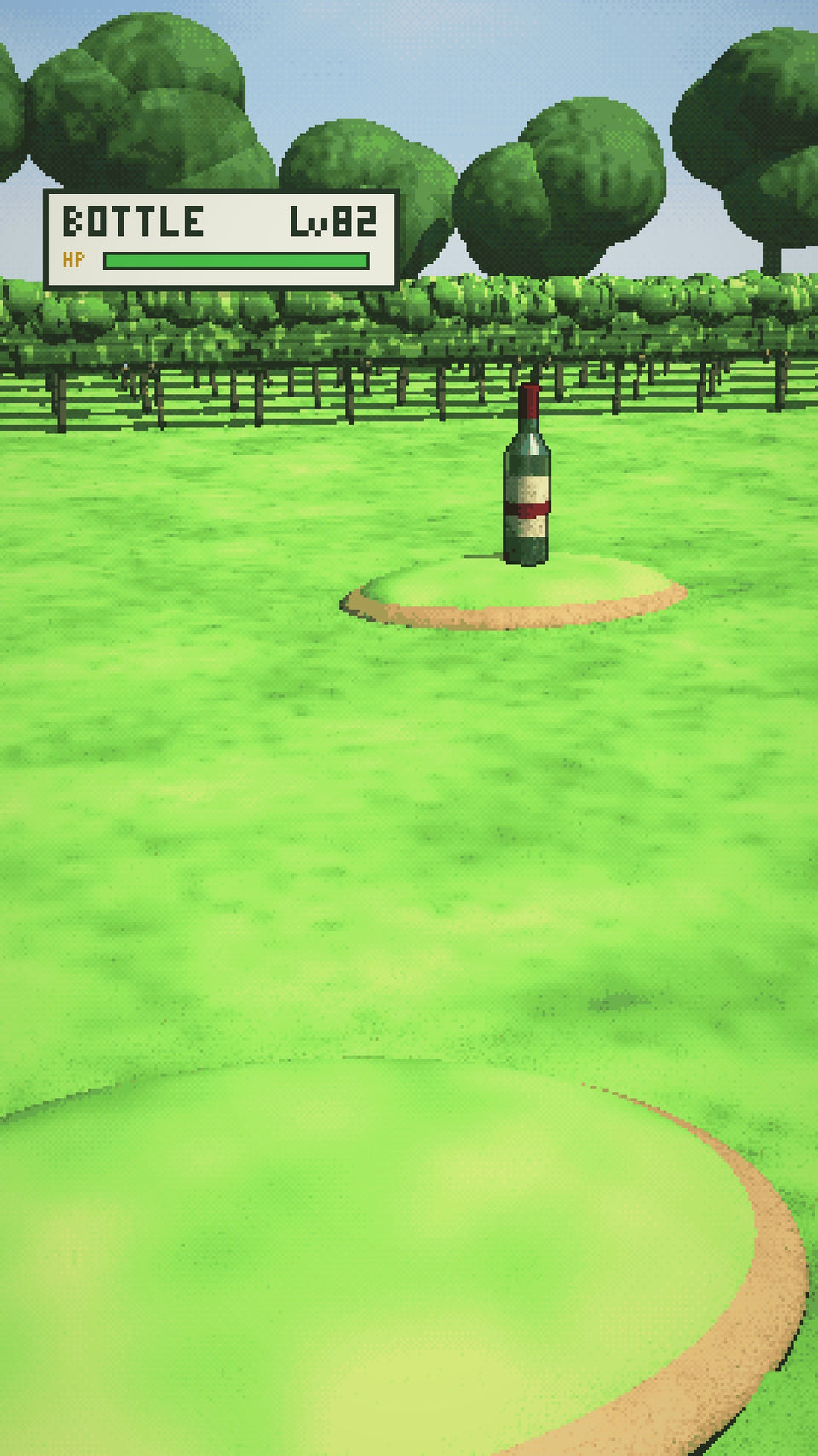Video: A wild wine bottle appears in a meadow, staged like an old handheld game battle