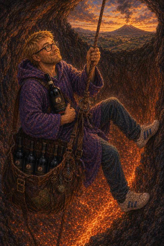 A collector rappels a lava-lit volcanic cavern beneath an erupting peak, cradling a bottle of Historia Taurasi with more bottles in a leather satchel